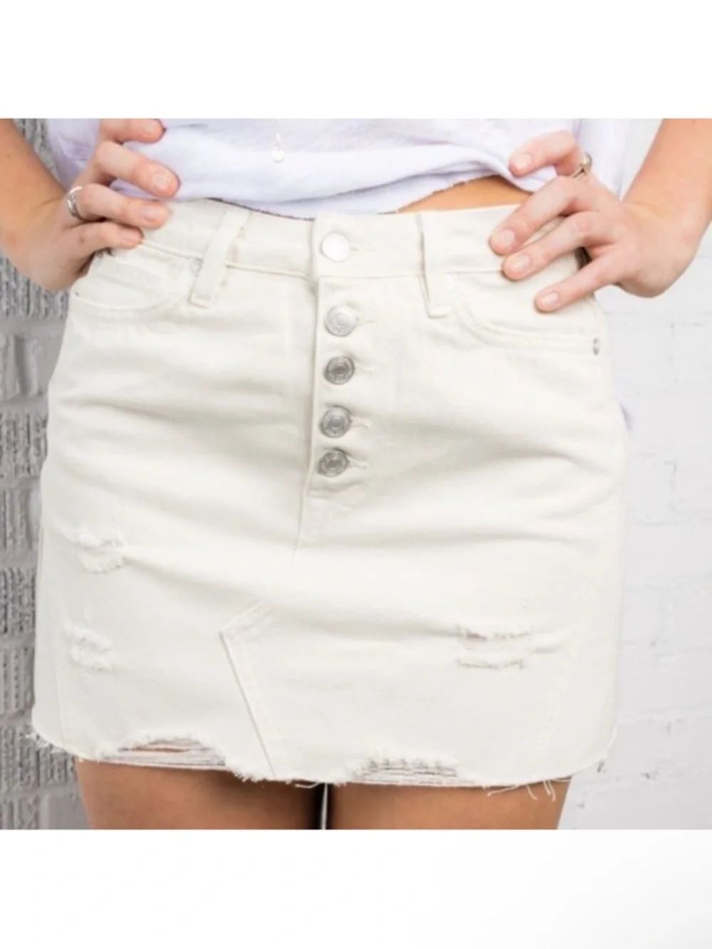 FREE PEOPLE Destroyed Fray Hem Denim Skirt 26